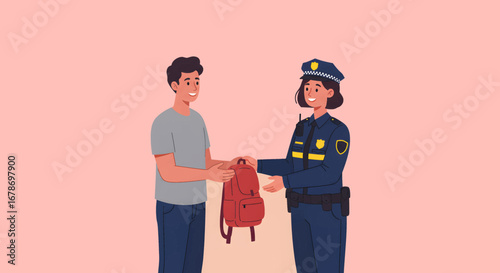 Police officer returning lost bag to citizen illustration
