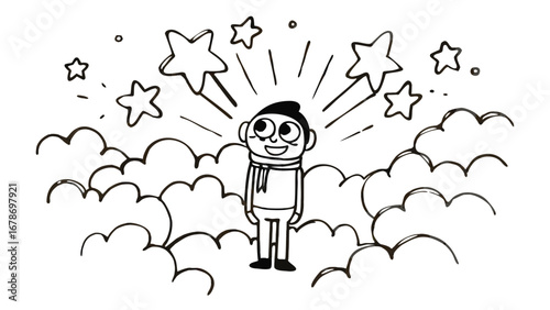 Dreamy man looking up at stars surrounded by clouds, fantasy concept
