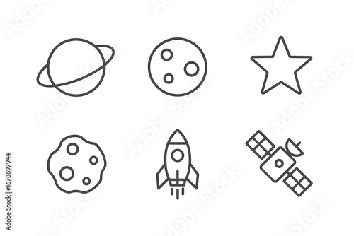 Space icons: planet, rocket, satellite, star, and asteroids in line art