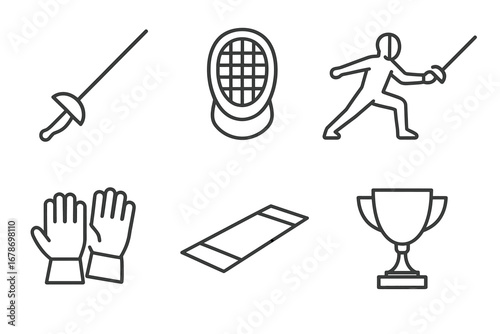 Fencing icons: sword, mask, fencer, gloves, strip, trophy