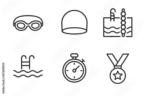 Line icons of swimming gear and equipment: goggles, swim cap, pool, stopwatch, medal