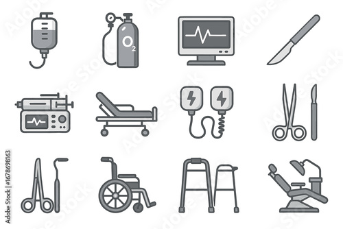 Medical equipment icons: monitor, scalpel, wheelchair, oxygen, defibrillator, microscope