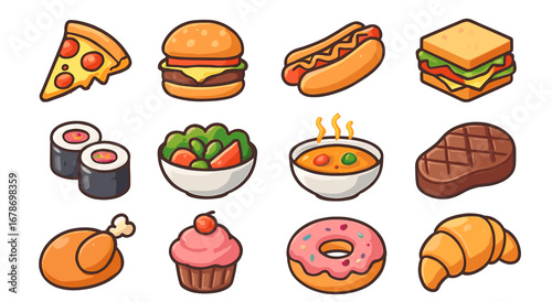 Assorted cartoon food icons: pizza, burger, sushi, cupcake, and more variety
