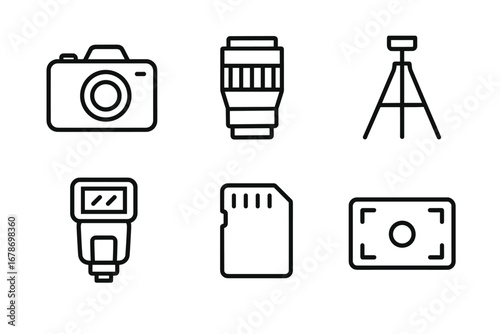 Outline icons of camera, lens, tripod, flash, memory card, and viewfinder