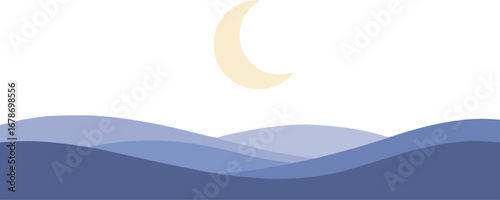 Serene pastel landscape with rolling hills beneath a gentle crescent moon
