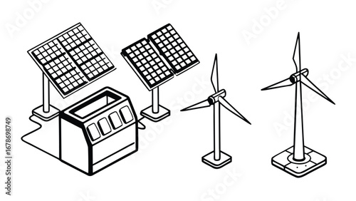 Clean energy solutions showing solar panels and wind turbines together
