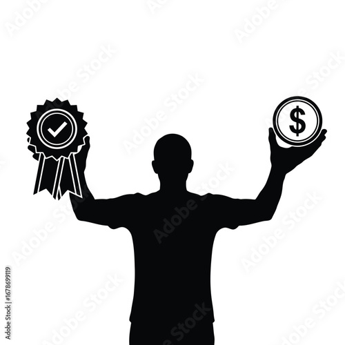 Vector illustration of a silhouette of a person holding a quality award ribbon and a coin with dollar sign