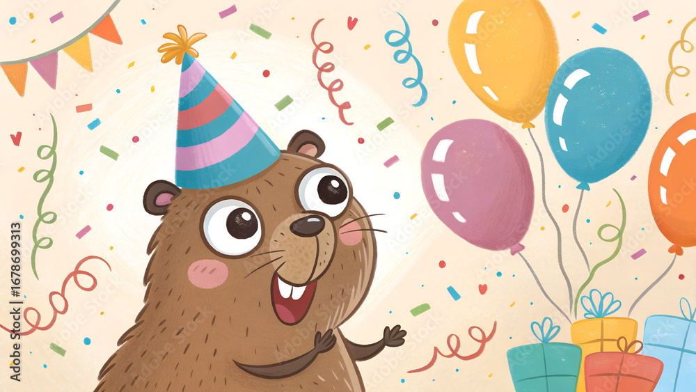 Naklejka premium Cartoon beaver wearing a party hat stands amidst balloons, gifts, and confetti against a warm, celebratory background with bunting, creating a cheerful, festive mood. 