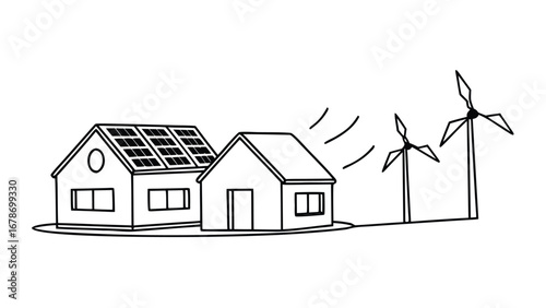 Sustainable living concept shows houses with solar panels and wind turbines