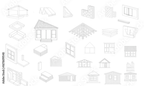Blueprint Building Construction Components and Architectural Drawings Detailed Outline Illustration of Various Building Structures Elements Isolated on White Background