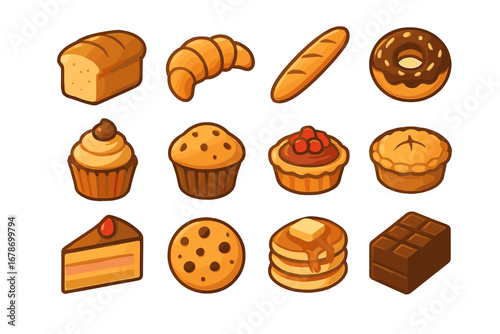 Variety of baked goods and desserts: bread, cupcakes, cookies, and pastries