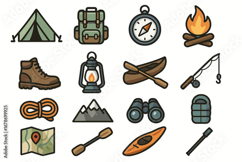 Camping and outdoor adventure icons: tent, backpack, compass, campfire, boots, lantern, fishing, kayak