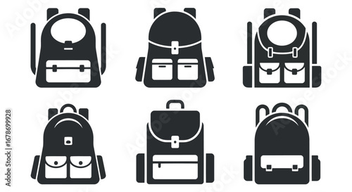 Collection of backpack icons vector silhouette.