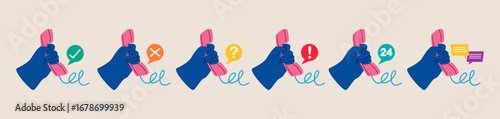 Hands holding telephone receiver With various signs. Talking with service call support hotline and call center. Answer talk with service. Colorful vector illustration