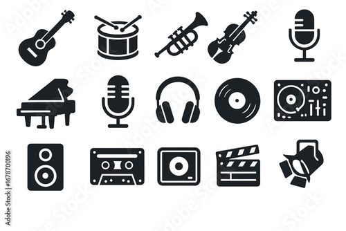 Icon set of musical instruments and recording equipment in black silhouette