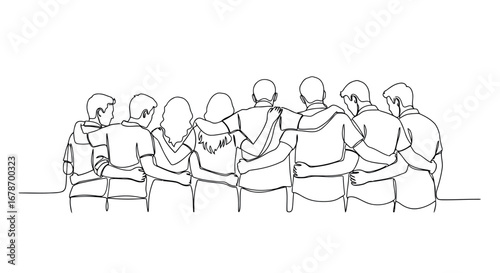 Group of friends hugging each other from behind, line art vector line art