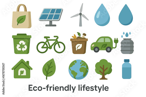 Eco-friendly lifestyle icons: recycle, solar, wind, electric car, conservation