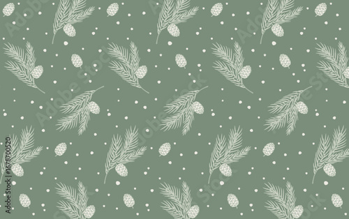 Hand-drawn seamless three-tone vector pattern. Features conifer branches and cones on a sage green background. Ideal for fabric, gift wrapping, wallpaper, and winter holiday designs.