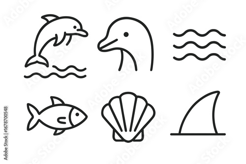 Marine life icons: dolphin, fish, shell, fin, waves in minimalist line art
