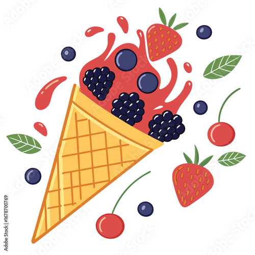 Waffle cone with various berries and a red fruit juice on a white background
