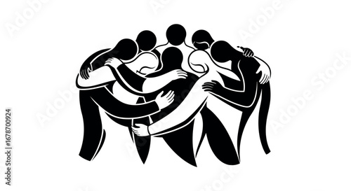 Group of people hugging in a circle, unity and teamwork concept vector line art