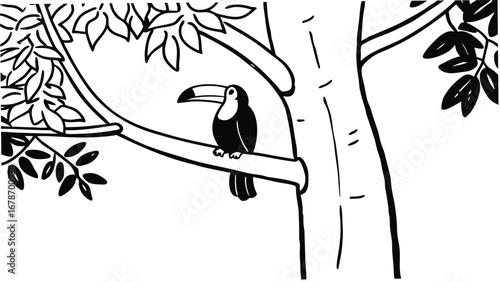 Toucan perched on tree branch, tropical bird illustration, black and white
