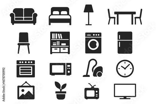 Collection of black silhouette home furniture and appliances icons