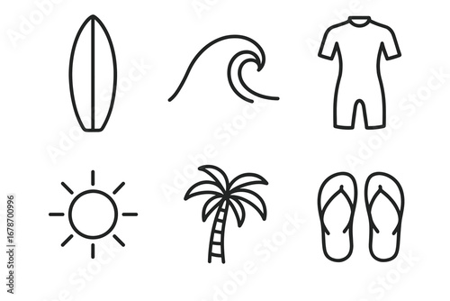Minimalist icons of surfboard, wave, wetsuit, sun, palm tree, and flip-flops for beach activities
