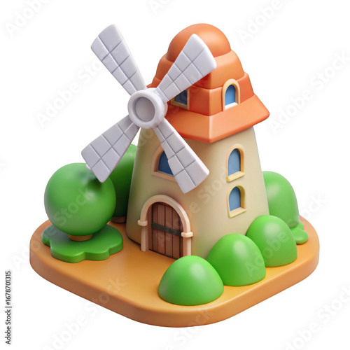 Charming cartoon windmill with green bushes and orange roof isolated on transparent background