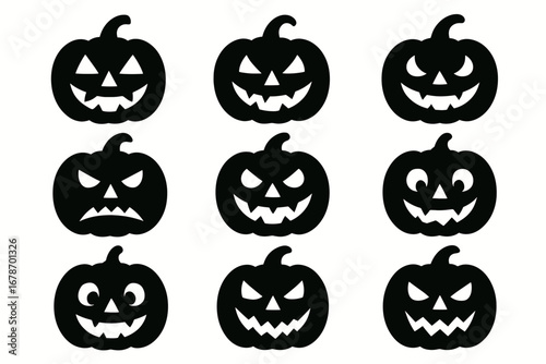 Set of nine black silhouette halloween pumpkins with various expressive faces