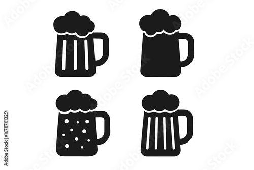 Set of four black beer mug icons with frothy tops on white background