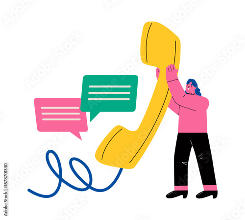 Concept talking on phone, support service, contact center. Business woman holding big telephone receiver. Flat vector illustration isolated on white background