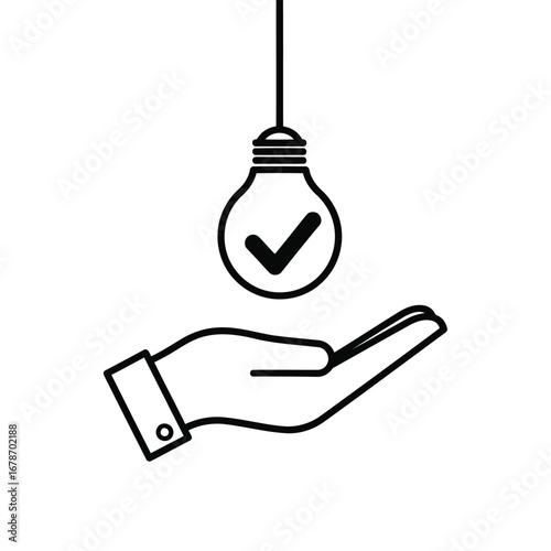 Vector illustration of a hand holding a light bulb with a checkmark, symbolizing a good idea or successful concept