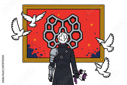 Figure with a silver prosthetic arm viewing a red hexagon painting in a museum gallery, white doves in flight around the frame, back view narrative scene with a small bouquet in hand