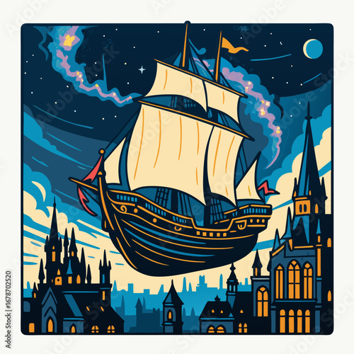 Tall ship with billowing sails passing harbor rooftops under crescent moon and stars, night seascape in bold graphic style, front view from waterfront promenade