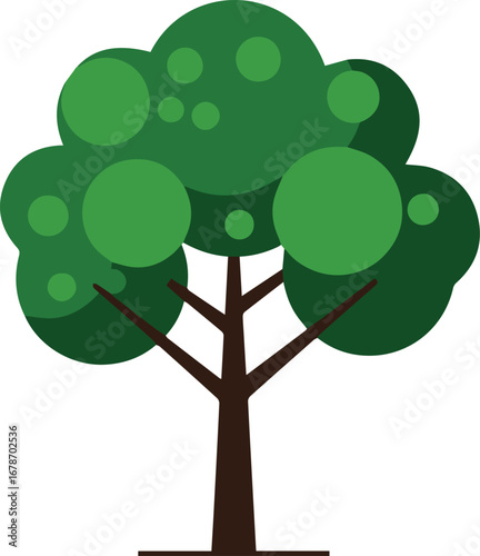 Vibrant green stylized tree with a sturdy brown trunk and diverse leaf shapes, perfect for nature themes.