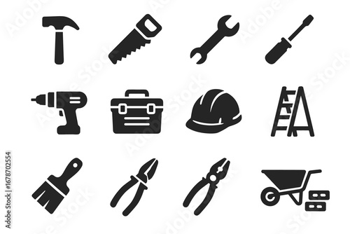 Black silhouette construction tools set on white background