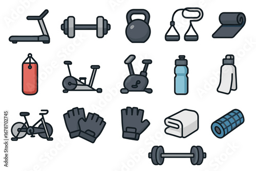 Home gym equipment icons: weights, treadmill, punching bag, exercise bike, yoga mat
