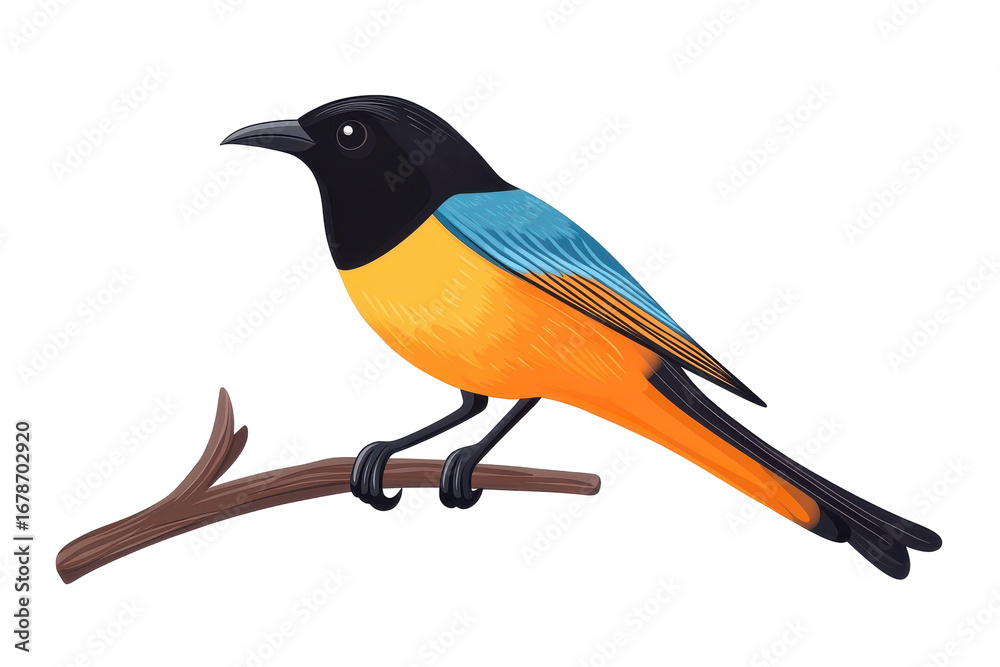 Fototapeta premium Colorful starling bird perched on a branch isolated on transparent background. Simple baya bird icon perched on a branch with minimal feather details isolated on white background.