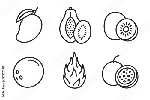 Outline illustrations of tropical fruits: mango, papaya, kiwi, coconut, dragon fruit, passion fruit