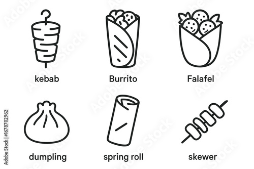 Black and white icons of kebab, burrito, falafel, dumpling, spring roll, and skewer