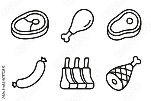 Outline icons of various meat cuts including sausage and chop
