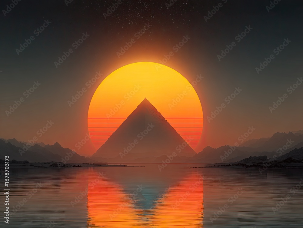 Fototapeta premium Pyramid sunrise, calm lake reflection