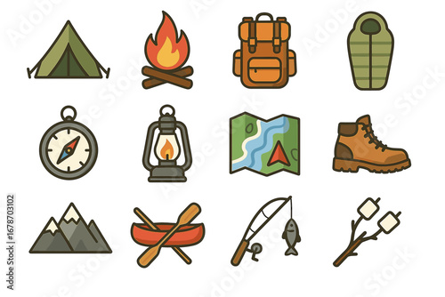 Camping adventure icons: tent, campfire, backpack, sleeping bag, compass, lantern