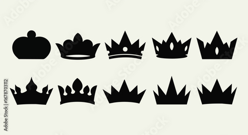 Collection of diverse black crown silhouettes for regal design and royal branding