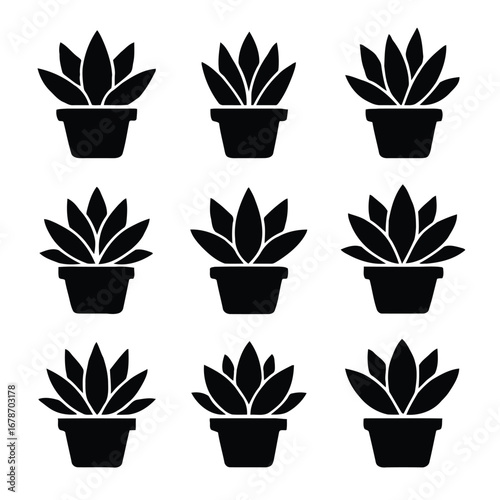Set of nine potted succulent plants in a minimalist black and white icon style