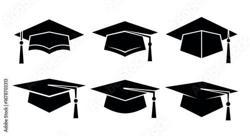 Set of six graduation caps vector silhouette.