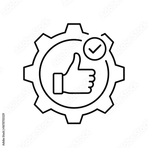 Vector illustration of a gear with a thumbs up and checkmark, representing good performance or successful operation
