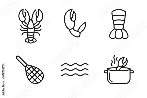 Lobster icons: claw, tail, net, waves, cooking pot line art