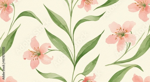 Watercolor floral pattern with pink flowers and green leaves.